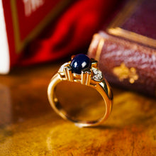 Load image into Gallery viewer, A Stylish Vintage 9K Gold Sapphire Cabochon and Diamond Ring
