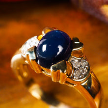Load image into Gallery viewer, A Stylish Vintage 9K Gold Sapphire Cabochon and Diamond Ring
