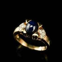 Load image into Gallery viewer, A Stylish Vintage 9K Gold Sapphire Cabochon and Diamond Ring
