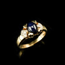 Load image into Gallery viewer, A Stylish Vintage 9K Gold Sapphire Cabochon and Diamond Ring
