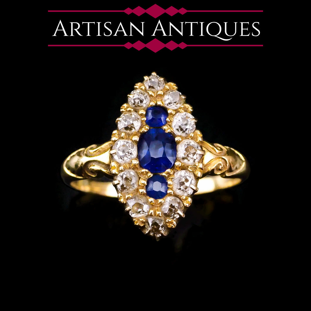 A Marvellous Victorian 18K Gold Sapphire & Diamond Navette Ring