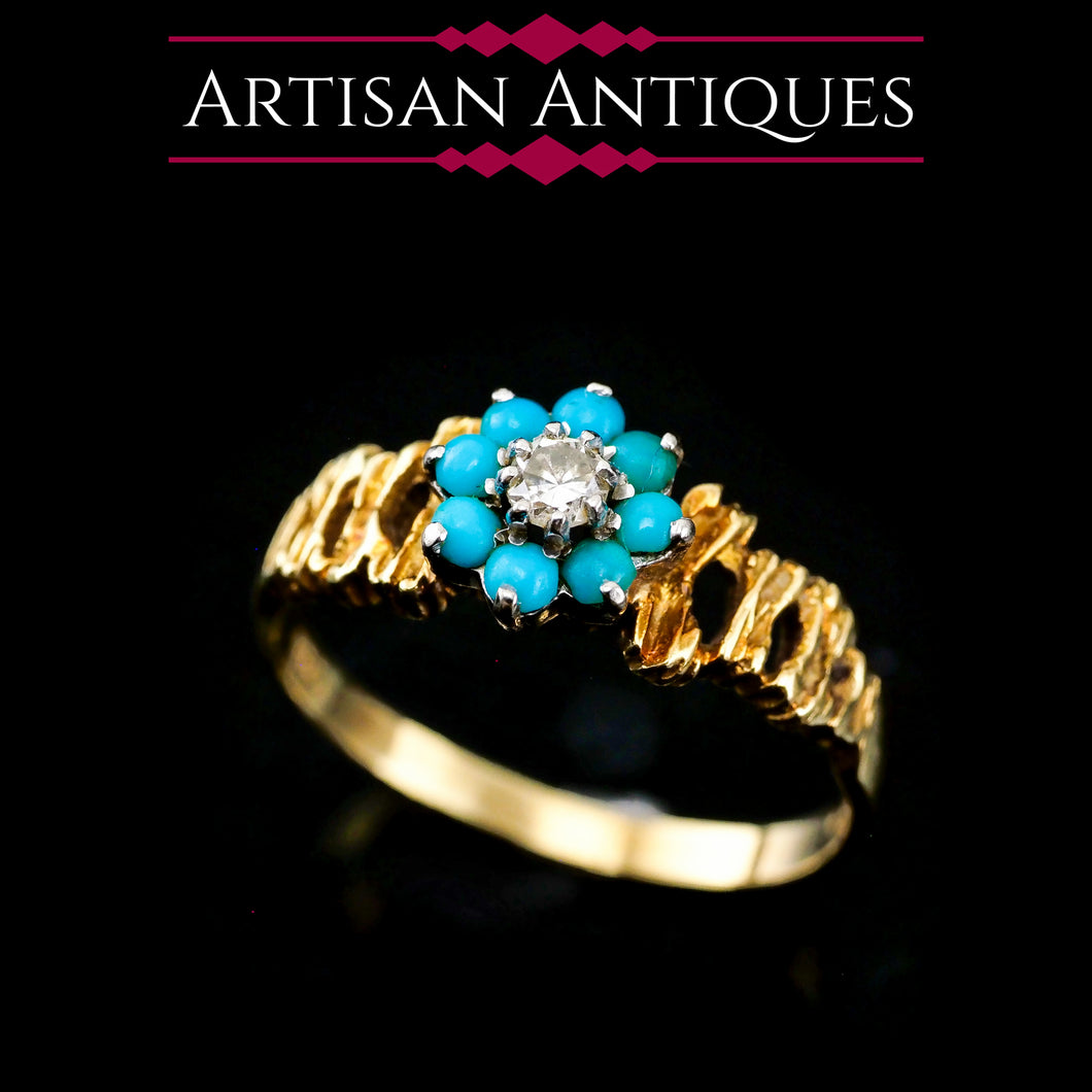 Vintage 18K Gold Turquoise & Diamond Cluster Ring