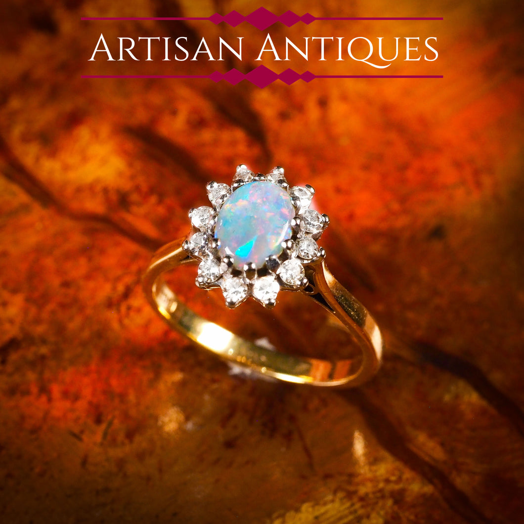 A Stunning Vintage 18K Gold Opal & Diamond Cluster Ring