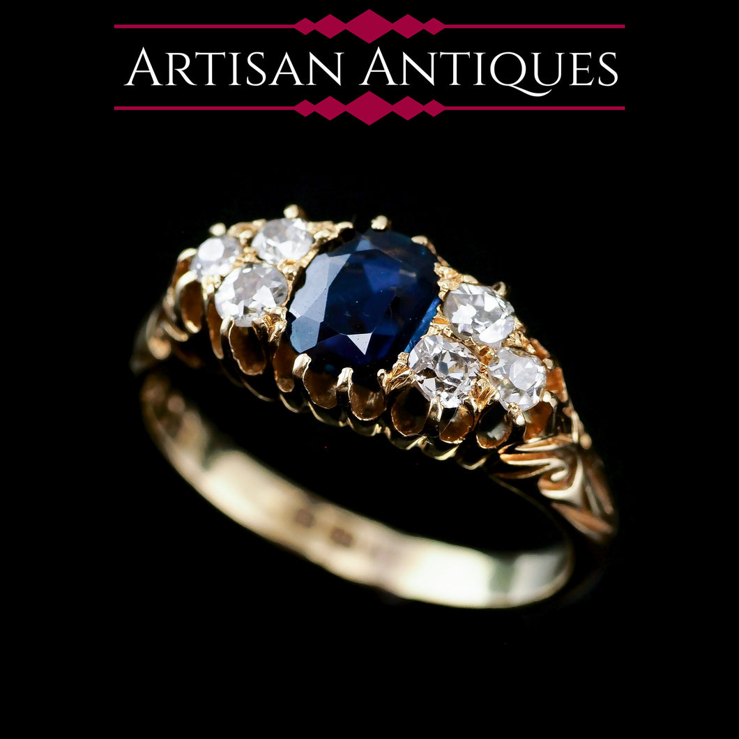 Antique Victorian 18K Gold Sapphire & Diamond Ring - c.1880