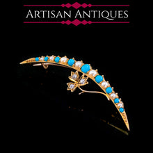 Load image into Gallery viewer, Antique Victorian 15K Gold Turquoise, Pearl &amp; Diamond Crescent Brooch - c.1900
