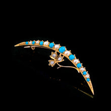 Load image into Gallery viewer, Antique Victorian 15K Gold Turquoise, Pearl &amp; Diamond Crescent Brooch - c.1900
