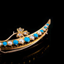 Load image into Gallery viewer, Antique Victorian 15K Gold Turquoise, Pearl &amp; Diamond Crescent Brooch - c.1900
