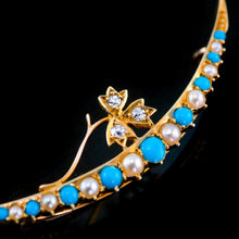 Load image into Gallery viewer, Antique Victorian 15K Gold Turquoise, Pearl &amp; Diamond Crescent Brooch - c.1900
