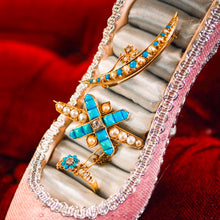 Load image into Gallery viewer, Antique Victorian 15K Gold Turquoise, Pearl &amp; Diamond Crescent Brooch - c.1900
