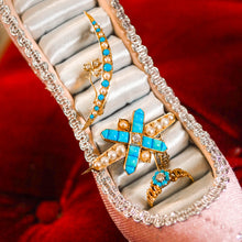 Load image into Gallery viewer, Antique Victorian 15K Gold Turquoise, Pearl &amp; Diamond Crescent Brooch - c.1900
