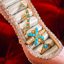Load image into Gallery viewer, Antique Victorian 15K Gold Turquoise, Pearl &amp; Diamond Crescent Brooch - c.1900
