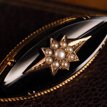 Load image into Gallery viewer, Antique Victorian Onyx &amp; Pearl 18K Gold Brooch
