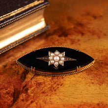 Load image into Gallery viewer, Antique Victorian Onyx &amp; Pearl 18K Gold Brooch
