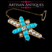 Load image into Gallery viewer, Stunning Antique Victorian 14K Gold Turquoise, Pearl &amp; Diamond Brooch
