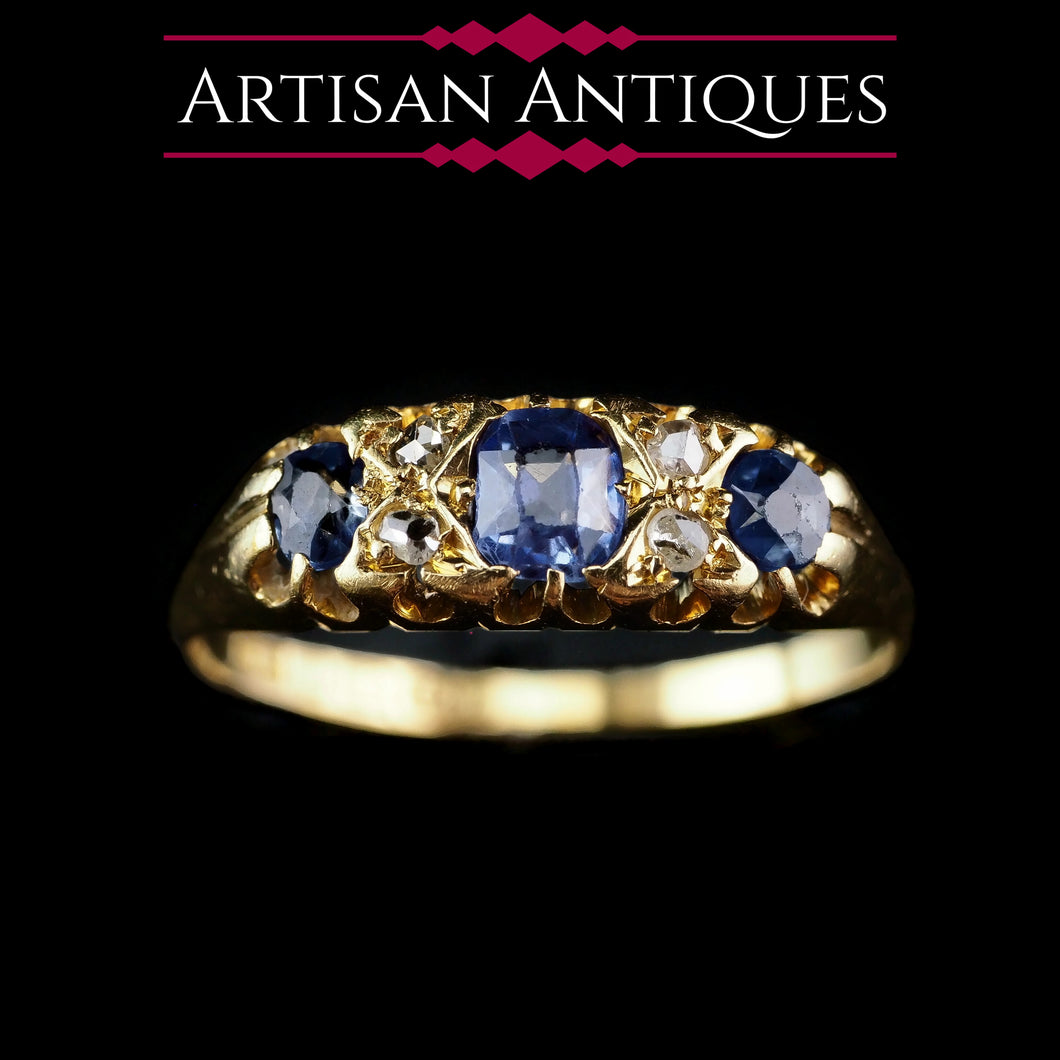 Antique Victorian 18K Gold Sapphire & Diamond Ring - Birmingham 1857