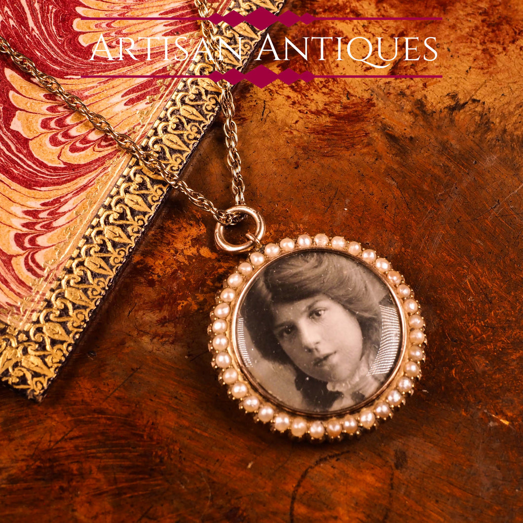 Antique Victorian 15K Gold Photo Locket Pendant with Cluster Seed Pearl Border - c.1890s