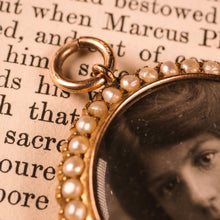 Load image into Gallery viewer, Antique Victorian 15K Gold Photo Locket Pendant with Cluster Seed Pearl Border - c.1890s
