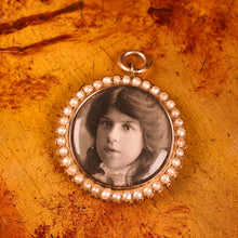 Load image into Gallery viewer, Antique Victorian 15K Gold Photo Locket Pendant with Cluster Seed Pearl Border - c.1890s
