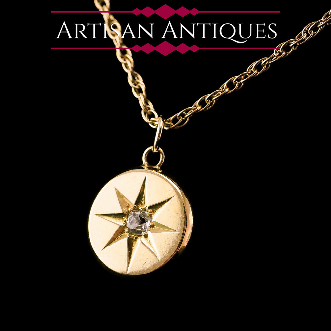Antique Victorian Necklace 18K Gold Diamond Star Pendant & Chain c.1900