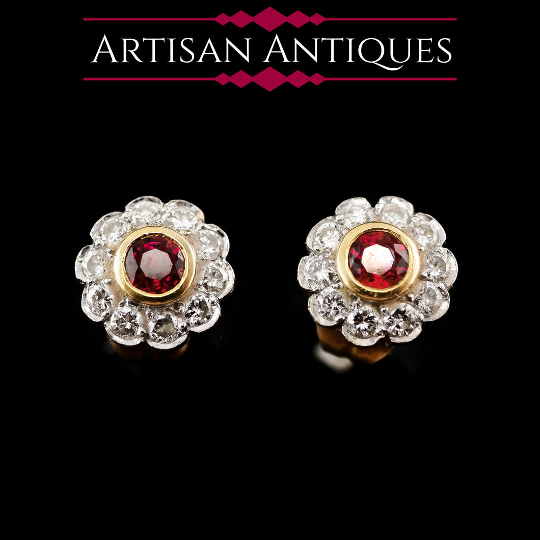 A Pair of Ruby & Diamond 18K Earrings Flower Cluster Design