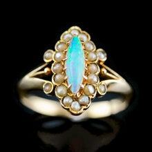 Load image into Gallery viewer, A Beautiful Antique Edwardian Opal Marquise/Navette Ring with Seeded Pearls 9K Gold
