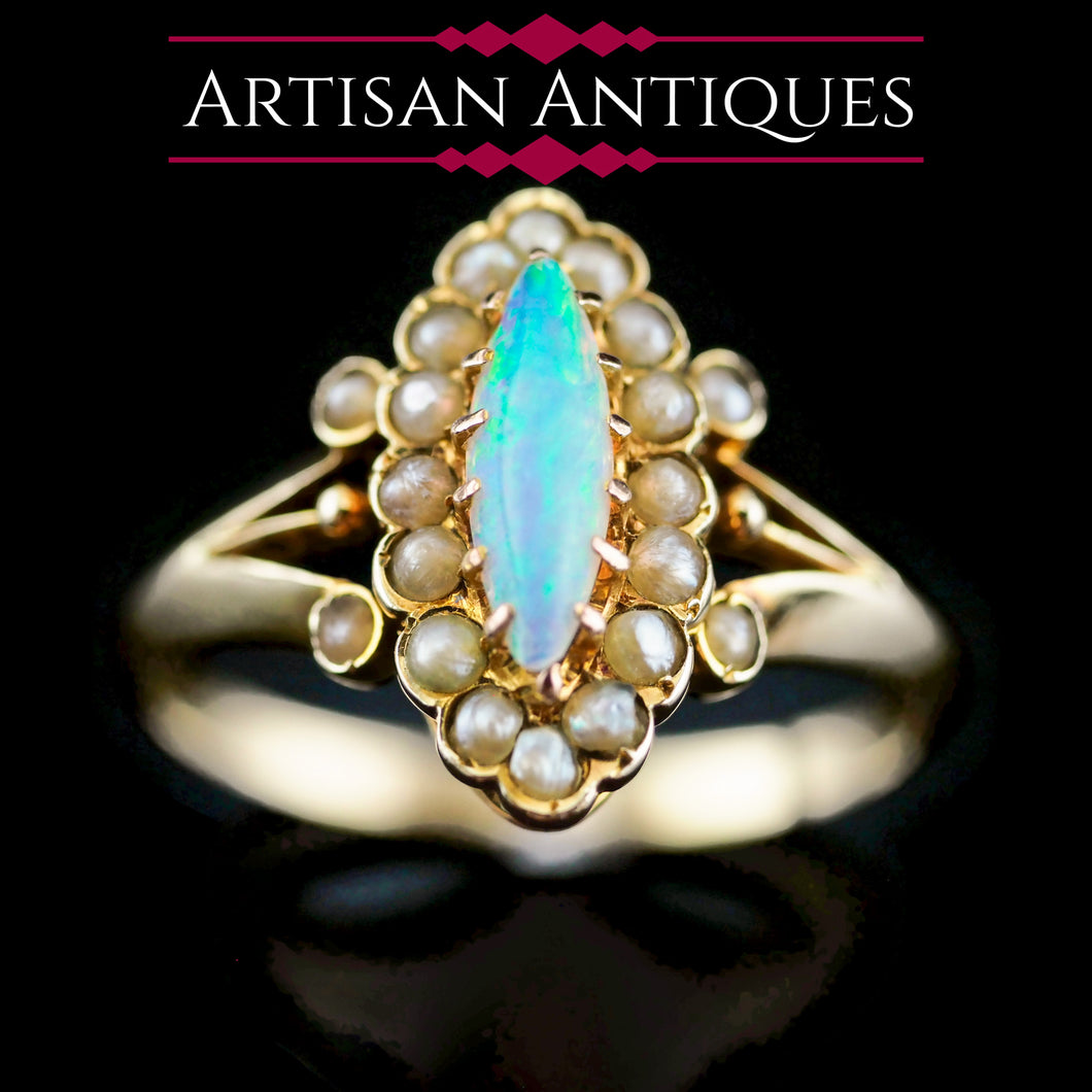 A Beautiful Antique Edwardian Opal Marquise/Navette Ring with Seeded Pearls 9K Gold