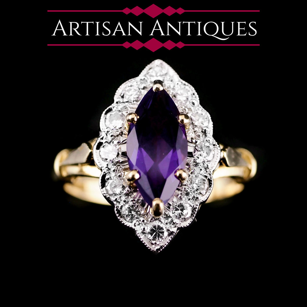 A Magnificent Vintage 18K Gold Large Amethyst & Diamond Marquise Ring