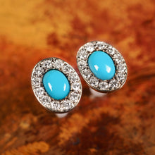 Load image into Gallery viewer, A Pair of 9K White Gold Turquoise and Cluster Diamond Earrings
