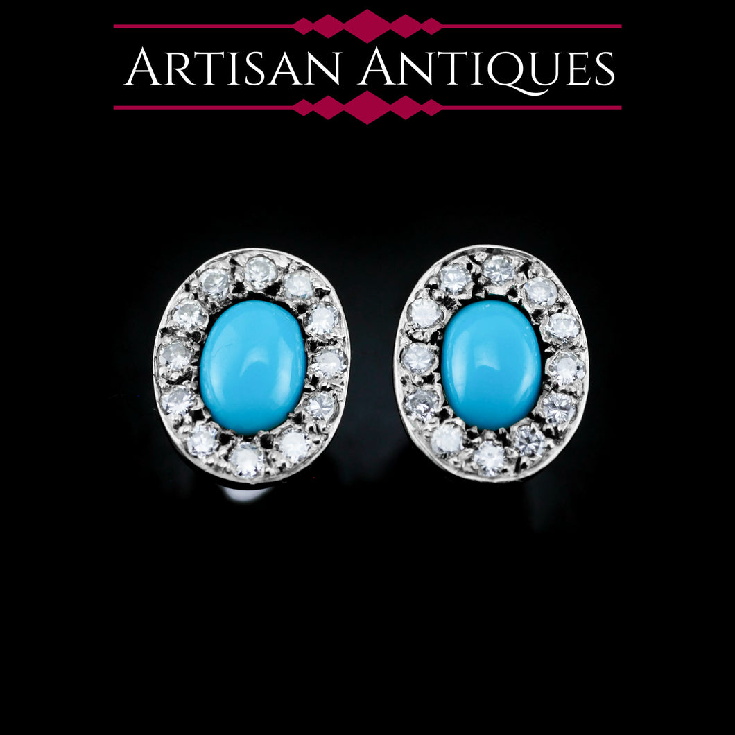 A Pair of 9K White Gold Turquoise and Cluster Diamond Earrings