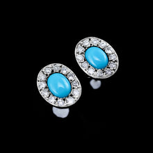 Load image into Gallery viewer, A Pair of 9K White Gold Turquoise and Cluster Diamond Earrings

