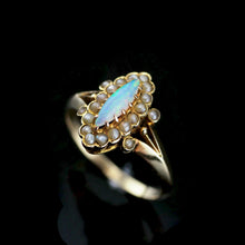 Load image into Gallery viewer, A Beautiful Antique Edwardian Opal Marquise/Navette Ring with Seeded Pearls 9K Gold
