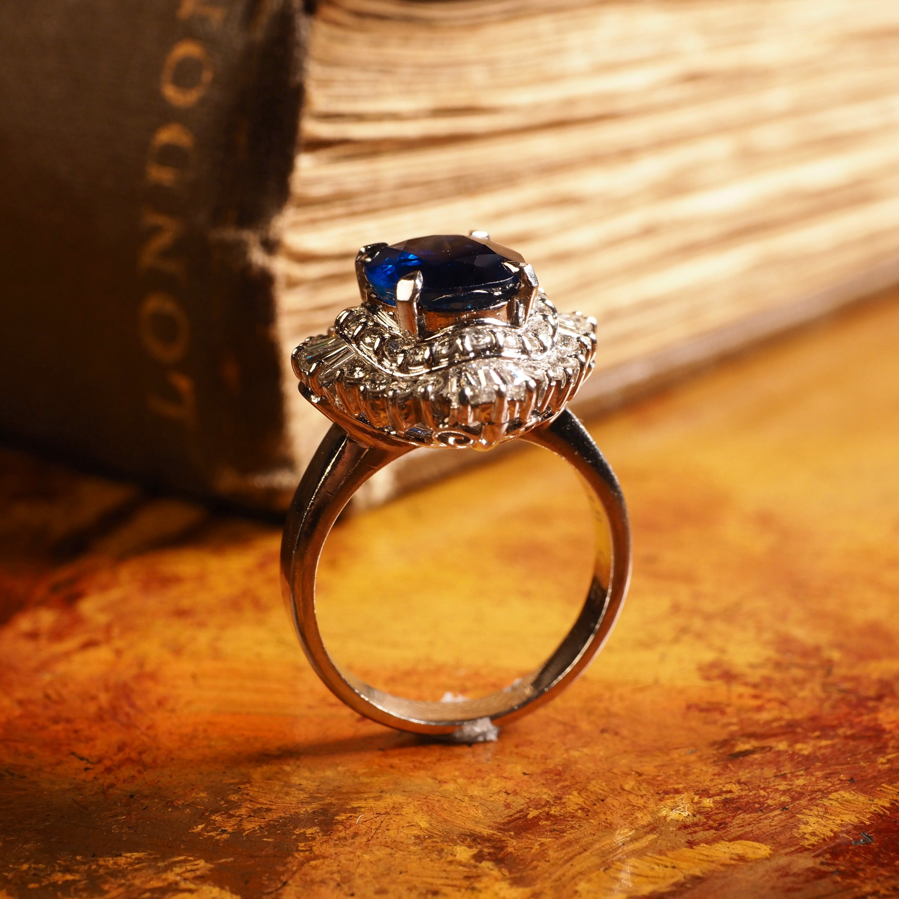 Large Teal Blue Sapphire Ring Rose Gold 3 Stone Halo Diamond Ring | La More  Design