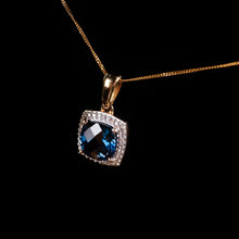 Load image into Gallery viewer, A Stunning Blue Topaz &amp; Diamond Halo Square Necklace 9K Gold
