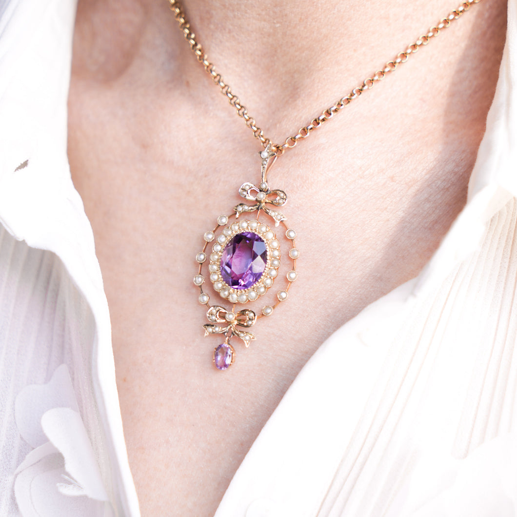 Antique Edwardian Amethyst & Seed Pearl 9K Gold Necklace Pendant - c.1905
