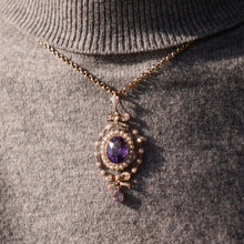Load image into Gallery viewer, Antique Edwardian Amethyst &amp; Seed Pearl 9K Gold Necklace Pendant - c.1905
