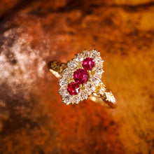 Load image into Gallery viewer, Antique Victorian 18K Gold Ruby &amp; Diamond Navette Cluster Ring - c.1880
