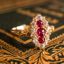 Load image into Gallery viewer, Antique Victorian 18K Gold Ruby &amp; Diamond Navette Cluster Ring - c.1880
