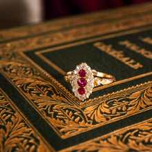 Load image into Gallery viewer, Antique Victorian 18K Gold Ruby &amp; Diamond Navette Cluster Ring - c.1880
