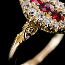 Load image into Gallery viewer, Antique Victorian 18K Gold Ruby &amp; Diamond Navette Cluster Ring - c.1880
