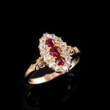 Load image into Gallery viewer, Antique Victorian 18K Gold Ruby &amp; Diamond Navette Cluster Ring - c.1880
