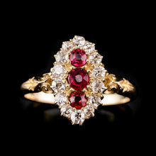 Load image into Gallery viewer, Antique Victorian 18K Gold Ruby &amp; Diamond Navette Cluster Ring - c.1880
