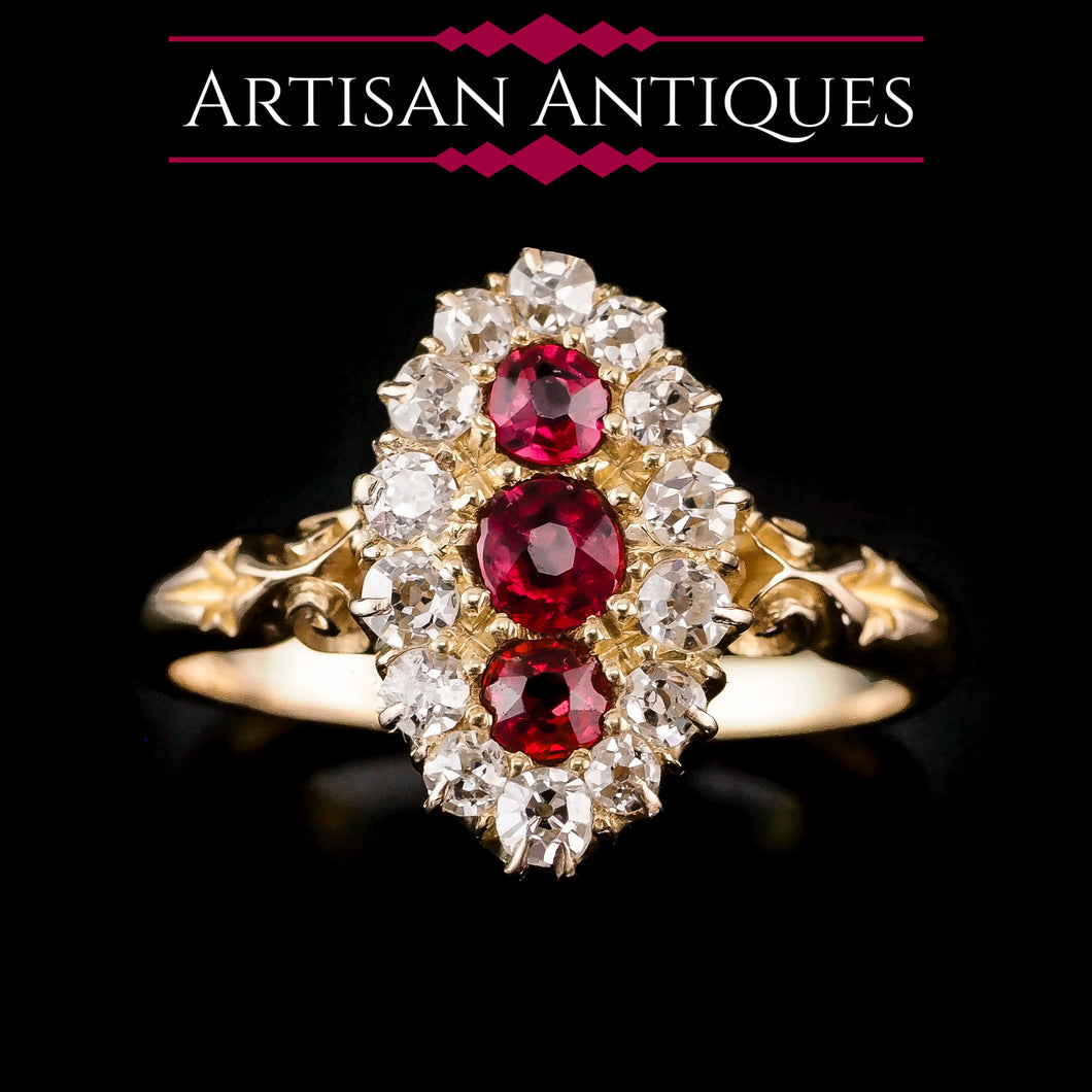 Antique Victorian 18K Gold Ruby & Diamond Navette Cluster Ring - c.1880