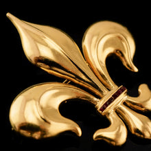 Load image into Gallery viewer, Antique Victorian Large 18K Gold &amp; Ruby Fleur De Lis Brooch - c.1900
