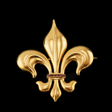 Load image into Gallery viewer, Antique Victorian Large 18K Gold &amp; Ruby Fleur De Lis Brooch - c.1900
