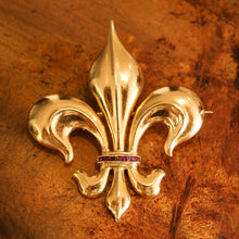 Load image into Gallery viewer, Antique Victorian Large 18K Gold &amp; Ruby Fleur De Lis Brooch - c.1900
