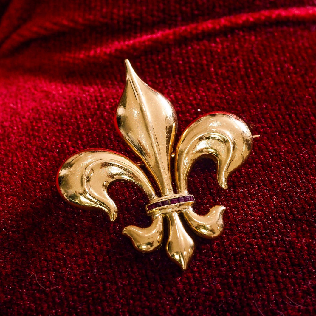 Antique Victorian Large 18K Gold & Ruby Fleur De Lis Brooch - c.1900