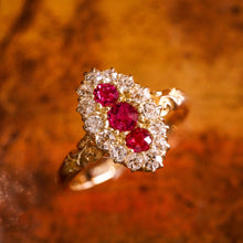 Load image into Gallery viewer, Antique Victorian 18K Gold Ruby &amp; Diamond Navette Cluster Ring - c.1880
