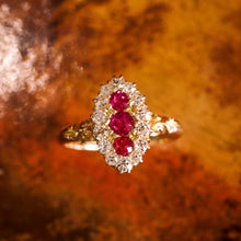 Load image into Gallery viewer, Antique Victorian 18K Gold Ruby &amp; Diamond Navette Cluster Ring - c.1880
