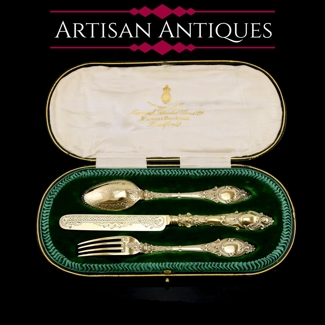 Antique Victorian Solid Silver Gilt Traveling/Christening Cutlery Set - Martin Hall & Co. 1872
