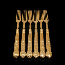 Load image into Gallery viewer, Antique Victorian Solid Silver Gilt Fruit/Dessert Knives &amp; Forks Set of Six in Queens Pattern - Aaron Hadfield 1839 - Artisan Antiques

